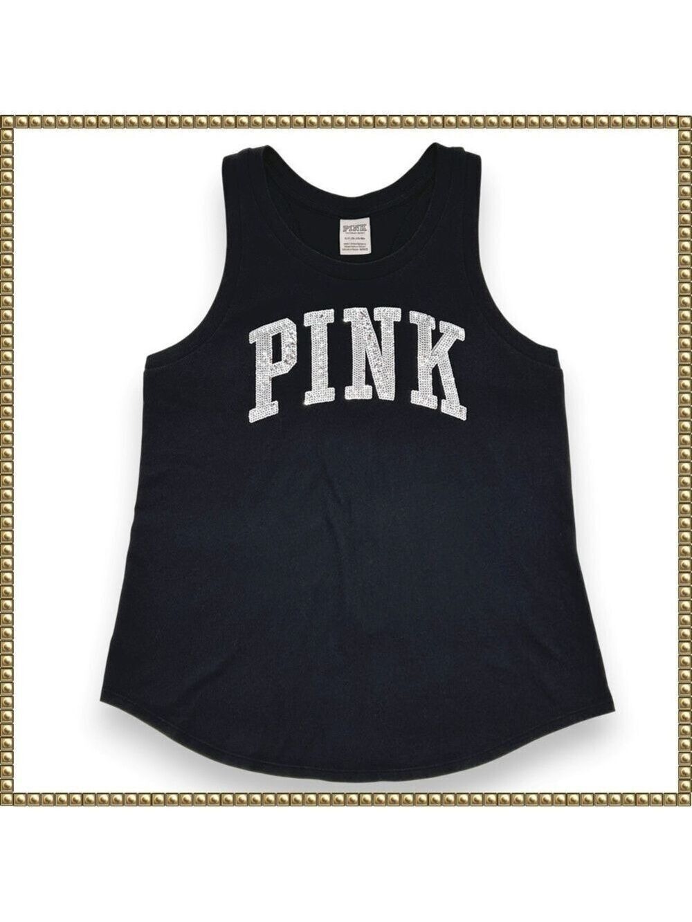 Victoria's Secret PINK Black Sequin Logo Racerback Tank Top Small